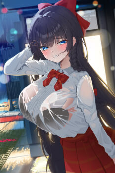 1girl absurdres arm_up black_bra black_hair blue_eyes blush bow bowtie bra braid breasts buttons collar collared_shirt commentary_request embarrassed hair_bow hair_ornament heart heart_hair_ornament highres kkaennip korean_commentary large_breasts lens_flare long_hair long_sleeves looking_at_viewer mixed-language_commentary night outdoors rain red_bow red_bowtie red_skirt see-through_clothes see-through_shirt shirayuki_hina shirt shirt_tucked_in skirt smile solo standing stellive taking_shelter teeth tile_floor tiles underwear very_long_hair virtual_youtuber wet wet_clothes wet_shirt white_collar white_shirt