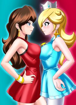 2girls bare_shoulders blonde_hair blue_dress breast_press brooch brown_hair crown dress from_side highres irohazakayouth jewelry long_hair looking_at_another mario_(series) mario_tennis multiple_girls nintendo official_alternate_costume pantyhose pauline_(mario) pauline_(modern_tennis)_(mario) red_dress rosalina rosalina_(sports) sleeveless sleeveless_dress symmetrical_docking wavy_hair white_pantyhose