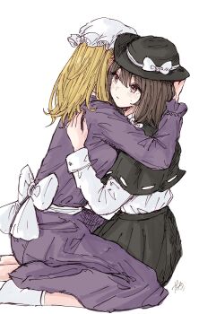 Rule 34 | 2girls, absurdres, ankle socks, back bow, black capelet, black hat, black skirt, blonde hair, blush, bow, brown eyes, brown hair, capelet, dress, hair bow, hand in another's hair, hand on another's back, hand on another's head, hat, hat bow, highres, hug, kashiwada kiiho, kneeling, long sleeves, maribel hearn, mob cap, multiple girls, parted lips, purple dress, ribbon-trimmed capelet, ribbon trim, shirt tucked in, signature, sitting, sitting on person, skirt, socks, touhou, usami renko, white background, white bow, white hat, white socks