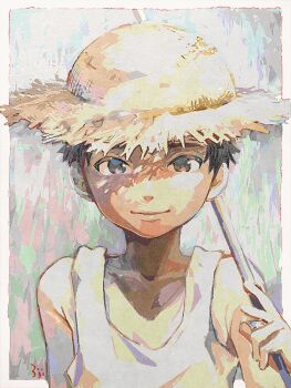 1boy 3ji collarbone colorful_background hat looking_at_viewer male_focus original shaded_face shota straw_hat tank_top white_tank_top