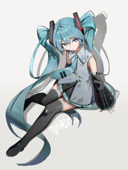 1girl absurdres bare_shoulders black_boots black_skirt black_sleeves blue_eyes blue_hair blue_necktie boots closed_mouth detached_sleeves grey_shirt hair_between_eyes hatsune_miku highres hxbdzj long_hair looking_to_the_side necktie shirt sidelocks skirt solo thigh_boots thighhighs twintails very_long_hair vocaloid zettai_ryouiki
