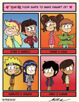 4boys 4girls alternate_art_style artist_name big_hero_6 closed_mouth commentary dated diane_(nanatsu_no_taizai) highres hiro_hamada hyuuga_hinata karmi king_(nanatsu_no_taizai) kyloroud95 looking_at_viewer marco_diaz multiple_boys multiple_girls nanatsu_no_taizai naruto_(series) open_mouth shiny_eyes signature smile spanish_commentary star_butterfly star_vs_the_forces_of_evil teeth the_loud_house the_loud_house_(style) uzumaki_naruto