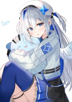 1girl absurdres amane_kanata amane_kanata_(work) angel angel_wings beret black_gloves black_shirt blue_hair blue_thighhighs flowle_ow0 gloves grey_hair grey_jacket hair_ornament hairpin hashtag-only_commentary hat highres hololive jacket looking_at_viewer official_alternate_costume open_mouth purple_eyes shirt solo thighhighs two_side_up upao_(amane_kanata) virtual_youtuber white_hat wings