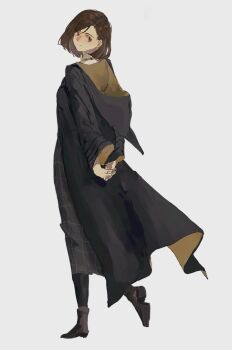 Rule 34 | 1girl, animification, arms behind back, black robe, black thighhighs, boots, brown boots, brown eyes, brown hair, brown skirt, closed mouth, collared shirt, from behind, full body, highres, hiiragimare, hogwarts legacy, hogwarts school uniform, hooded robe, long skirt, poppy sweeting, robe, school uniform, shirt, simple background, skirt, smile, solo, thighhighs, white background, white shirt, wizarding world