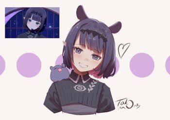 1girl :d black_shirt blunt_bangs bob_cut collared_shirt colored_inner_hair commentary dated_commentary grey_eyes grin hololive hololive_english looking_at_viewer mole mole_under_eye multicolored_hair ninomae_ina'nis ninomae_ina'nis_(drawn_to_dawn) open_mouth pink_hair pointy_ears purple_hair reference_inset screenshot_inset shirt short_hair smile solo takodachi_(ninomae_ina'nis) takomonty virtual_youtuber