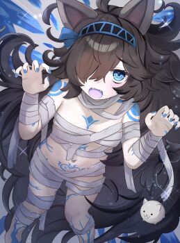 Rule 34 | 1girl, absurdly long hair, absurdres, animal ears, bandages, black hair, blue eyes, blue nails, body markings, breasts, cat (nyanko daisensou), cat ears, cat girl, claw pose, dark kasli (nyanko daisensou), fangs, hair over one eye, hairband, highres, kasli (nyanko daisensou), long hair, looking at viewer, looking up, mummy costume, naked bandage, navel, nekopurin (nyanko prin), nyanko daisensou, open mouth, small breasts, stomach, very long hair