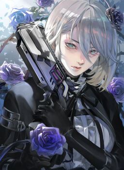 Rule 34 | 1girl, absurdres, black capelet, black flower, black gloves, black rose, blue eyes, breasts, capelet, center frills, chaos zero nightmare, chest harness, commentary, elbow gloves, flower, frills, gloves, gun, hair between eyes, harness, highres, holding, holding weapon, lita orenji, long hair between eyes, looking at viewer, renoa (chaos zero nightmare), rose, shirt, short hair, solo, upper body, weapon, white hair, white shirt