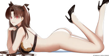 1girl ass black_bra bottomless bra breasts brown_hair commentary_request earrings elbow_rest fate/grand_order fate_(series) from_side gold_earrings grin high_heels highres ishtar_(fate) jewelry long_hair looking_at_viewer lying medium_breasts on_stomach red_eyes redsoon simple_background smile solo two_side_up underwear very_long_hair white_background