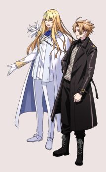 Rule 34 | 2boys, ahoge, arm at side, ascot, black boots, black coat, black pants, black shirt, blonde hair, blue ascot, boots, brown background, cape, clenched hand, closed eyes, coat, collared shirt, commentary request, daybit sem void, decoponmagi, fate/grand order, fate (series), feathers, formal clothes, full body, gloves, gold trim, grey sweater, hair between eyes, hand on own hip, highres, jacket, kirschtaria wodime, lace-up boots, long hair, long sleeves, looking ahead, male focus, multiple boys, open clothes, open coat, open mouth, pants, parted bangs, shirt, shoes, short hair, side-by-side, side cape, simple background, smile, standing, striped clothes, striped sweater, suit, sweater, white cape, white feathers, white gloves, white jacket, white pants, white shoes, white suit
