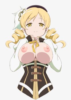 1girl absurdres beret black_hat blonde_hair breasts breasts_out brown_gloves corset detached_sleeves drill_hair fingerless_gloves gloves hat highres large_breasts long_hair looking_at_viewer magical_girl mahou_shoujo_madoka_magica mahou_shoujo_madoka_magica_(anime) nipples smile solo tomoe_mami twin_drills twintails usazirou539 yellow_eyes