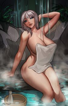 1girl arm_behind_head artist_name bottle breasts bucket cleavage closed_mouth ear_piercing eyebrows_hidden_by_hair grey_hair highres large_breasts looking_at_viewer makeup medium_hair naked_towel nextoad original piercing sake_bottle sitting solo steam towel water waterfall waterfall_shower white_hair wooden_bucket