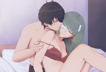 1boy 1girl absurdres bandage_over_one_eye bare_shoulders black_hair bra breasts cheseu cleavage closed_eyes closed_mouth collarbone commentary earrings foreplay grey_hair hetero highres indoors jewelry long_hair male_rover_(wuthering_waves) medium_breasts on_bed phrolova_(wuthering_waves) red_bra rover_(wuthering_waves) sitting smile strap_slip underwear wuthering_waves