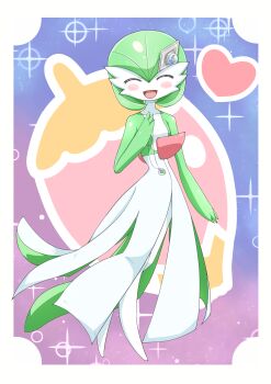 1girl ^_^ absurdres arm_at_side blush blush_stickers bob_cut border breasts closed_eyes collarbone colored_skin facing_viewer female_focus full_body gardevoir gen_3_pokemon green_hair green_skin hair_ornament hairclip hand_up happy heart highres holding holding_jewelry holding_necklace jewelry large_variant_set mega_stone multicolored_skin necklace nintendo no_feet open_mouth pokemon pokemon_(anime) pokemon_(creature) poketoon short_hair small_breasts smile solo sparkle standing textless_version toppupan two-tone_skin variant_set white_border white_skin