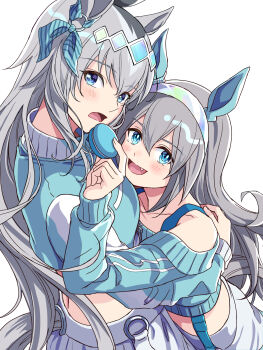 Rule 34 | 2girls, ahoge, animal ears, bare shoulders, blue eyes, blue jacket, blush, collarbone, commentary request, ear covers, ear ornament, fang, food, grey hair, grey tail, hair between eyes, hair ornament, hairband, highres, holding, horse ears, horse girl, horse tail, hug, jacket, long hair, looking at viewer, macaron, midriff, multicolored hair, multiple girls, off-shoulder jacket, off shoulder, oguri cap (umamusume), open mouth, pants, sashiumito, silver hairband, skirt, smile, tail, tamamo cross (umamusume), umamusume, umamusume: cinderella gray, white day, white pants, white skirt, yuri