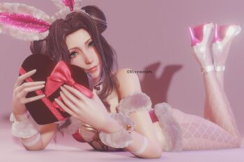 1girl aerith_gainsborough animal_ears ankle_strap armband bell blurry bow box box_of_chocolates bracelet brown_hair commentary crossed_ankles curtained_hair depth_of_field detached_collar double_bun final_fantasy final_fantasy_vii final_fantasy_vii_remake fishnet_pantyhose fishnets fur-trimmed_leotard fur_trim green_eyes hair_bun head_tilt heart-shaped_box high_heels highres holding holding_box jewelry leotard looking_at_viewer lying on_stomach pantyhose parted_bangs pink_leotard pink_lips playboy_bunny rabbit_ears rabbit_girl ria_(baka-neearts) ribbon shadow sidelocks simple_background smile the_pose