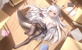 Rule 34 | 1girl, absurdres, antlers, black pantyhose, blush, brown eyes, chair, checkered clothes, checkered skirt, closed mouth, clothes lift, clothes pull, commentary request, desk, dragon girl, dragon tail, dragon wings, flat chest, full-face blush, full body, gluteal fold, highres, horns, knee up, large variant set, licking lips, long hair, lying, navel, nipples, no panties, notebook, on back, on floor, original, pantyhose, pantyhose pull, qian hen, school chair, school desk, school uniform, shirt, skirt, skirt lift, smile, solo, tail, toes, tongue, tongue out, variant set, very long hair, white hair, white shirt, wings