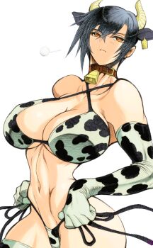 1girl absurdres animal_print bell bikini blonde_hair breasts brown_eyes collar cow_print cow_print_bikini cow_print_gloves cowbell cropped_legs gloves hair_between_eyes highres kasaki_yoshihiko large_breasts original print_bikini print_gloves short_hair solo standing swimsuit toned toned_female