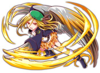 1girl amulet anime_coloring anklet aqua_gemstone artist_request attack_trail belt belt_boots belt_buckle belt_collar beret bird_wings black_belt black_boots black_collar black_feathers black_garter_straps black_sleeves black_straps boots breasts brown_feathers brown_wings buckle claws collar crash_fever dot_nose dual_wielding eyelashes feathered_wings feathers frilled_skirt frills full_body game_cg garter_straps gem green_hat grey_wings hair_between_eyes hat hat_feather high_collar holding horizontal-striped_thighhighs horus_(crash_fever) jacket jewelry layered_skirt leather leather_jacket long_hair looking_at_viewer medium_breasts miniskirt necklace number_print numbered official_art open_mouth orange_eyes orange_skirt outline print_shirt print_sleeves punk red_outline shirt simple_background skirt sleeve_cuffs sleeves_past_fingers sleeves_past_wrists smile solo square square_print star_(symbol) star_print straight_hair streetwear striped_clothes striped_thighhighs tachi-e teardrop-shaped_gem thighhighs third-party_source transparent_background two-sided_fabric two-sided_jacket two-tone_wings v-shaped_eyebrows weapon white_shirt white_thighhighs wings yellow_outline yellow_thighhighs