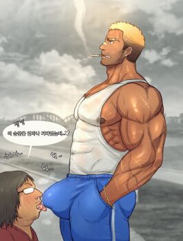 Rule 34 | 2boys, adam's apple, bandaid, bandaid on face, bandaid on nose, bara, beard stubble, biceps, blonde hair, blue pants, blurry, blurry background, bracelet, brown eyes, bulge, cigarette, coco342, covered abs, ear piercing, earrings, eyebrow cut, facial hair, fat, fat man, freckles, glasses, gradient hair, hand in pocket, highres, jewelry, korean text, large pectorals, large variant set, licking bulge, male focus, multicolored hair, multiple boys, muscular, muscular male, mustache stubble, nipples, original, outdoors, pants, pectorals, piercing, saliva, scar, scar on arm, scar on face, short hair, sidepec, smoking, speech bubble, stubble, tank top, time stop, tongue, tongue out, track pants, translation request, variant set, veins, white tank top, yaoi