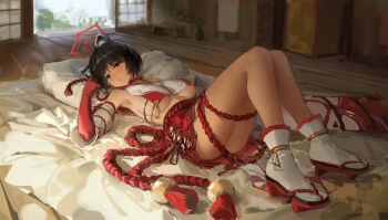 1girl absurdres animal_ears armpits ballistic_shield bare_shoulders barefoot bed bed_sheet black_eyes black_hair blue_archive blush bow breast_curtain breasts crop_top crop_top_overhang detached_sleeves elbow_gloves gloves hair_between_eyes halo highres indoors japanese_clothes large_breasts legs long_hair looking_at_viewer lying meinoss on_back on_bed raccoon_ears red_gloves red_sailor_collar red_skirt revealing_clothes rope rope_belt sailor_collar shield short_hair sideboob sideless_outfit simple_background skirt solo tassel tsubaki_(blue_archive) two-tone_shirt