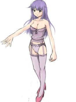Rule 34 | 1girl, arin (pangya), bad anatomy, bad proportions, corset, female focus, lingerie, otsutama, pangya, panties, poorly drawn, purple panties, purple thighhighs, solo, thighhighs, underwear, underwear only