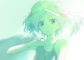 1girl bare_shoulders beads black_tank_top blue_eyes blue_hair blush collarbone commentary dated english_commentary english_text green_hat hair_beads hair_ornament hand_up hat highres kawashiro_nitori looking_at_viewer parted_lips solo sun_glare sweatdrop t0nys tank_top touhou two_side_up upper_body