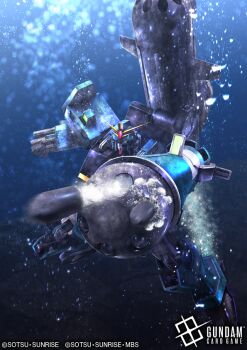 after_war_gundam_x commentary_request company_name copyright_logo copyright_name copyright_notice firing gatling_gun gundam gundam_card_game gundam_leopard igaraigara logo mecha mecha_focus missile mobile_suit no_humans official_art robot science_fiction solo underwater v-fin yellow_eyes