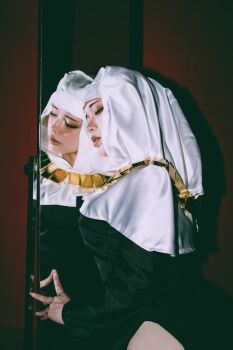 1girl 5y_mmo absurdres black_dress bodhisattva breasts buddhist_nun commentary cosplay cosplay_photo curvy demon_girl dress fate/extra fate/extra_ccc fate/grand_order fate_(series) full-length_mirror gold_necklace half-closed_eyes head_tilt highres holding holding_mirror indoors jewelry large_breasts leaning_on_object long_dress long_sleeves looking_down mature_female mirror necklace no_ears nose nun pale_skin parted_lips photo_(medium) pink_lips raised_eyebrows real_life reflection sessyoin_kiara side_slit skindentation solo standing teeth thick_thighs thighs upper_body upper_teeth_only white_coif yellow_eyes