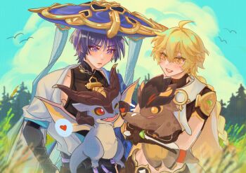 2boys aether_(genshin_impact) bird blonde_hair blue_eyes blue_hair bodysuit braid dinosaur dragon durin_(genshin_impact) genshin_impact gloves highres little_one_(genshin_impact) looking_at_another male_focus mini_durin_(genshin_impact) multiple_boys open_mouth outdoors scaramouche_(genshin_impact) short_sleeves single_braid teeth user_rsef4538 wanderer_(genshin_impact) yellow_eyes