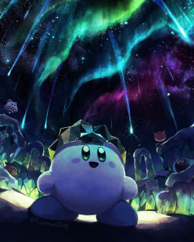 :d :o absurdres artist_name aurora bandana bandana_waddle_dee black_eyes blue_bandana blush blush_stickers bouncy_(kirby) commentary_request crown crystal gooey_(kirby) highres kirby kirby_(series) kirby_and_the_forgotten_land looking_up meteor_shower night night_sky nintendo no_humans open_mouth outdoors polof scarfy sitting sky smile standing star_(sky) star_(symbol) starry_sky suyasuyabi twitter_username