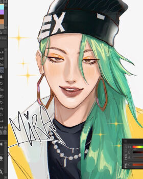 Rule 34 | 10shikoart, 1girl, art program in frame, black hat, black shirt, brown eyes, character name, commentary, english commentary, eyeshadow, green hair, hat, jewelry, kpop demon hunters, long hair, looking at viewer, makeup, mascara, mira (kpop demon hunters), necklace, shirt, smile, solo, sparkle, upper body