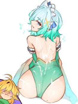 Rule 34 | 0rcazone, 2girls, antenna hair, aqua hair, ass, bare back, bare shoulders, blonde hair, blue eyes, blue hair, blush, commentary, cum, cum on ass, cum on back, cum on body, cut-in, detached sleeves, dokibird, english commentary, fang, fang out, from behind, full body, gradient hair, hair ornament, highleg, highres, implied futanari, indie virtual youtuber, looking at viewer, looking back, maid headdress, mint fantome, mole, mole on ass, multicolored hair, multiple girls, musical note, pointy ears, shaded face, short hair, shoulder blades, sitting, solo focus, virtual youtuber, wariza, x hair ornament