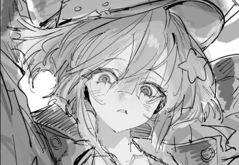 1girl blush hair_between_eyes hair_ornament hat looking_at_viewer monochrome original pi_(ppp_caf) sketch star_(symbol) star_hair_ornament