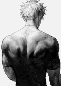 1boy back_muscles compression_shirt from_behind gojou_satoru greyscale highres jujutsu_kaisen kuwoniagyu11112 male_focus monochrome muscular muscular_male shirt short_hair short_sleeves simple_background solo t-shirt upper_body white_background