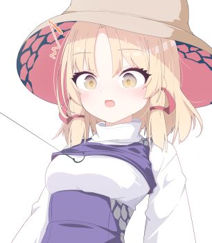 Rule 34 | 1girl, ^^^, absurdres, blonde hair, blush, breasts, brown hat, commentary request, d:, darumoon, eyeshadow, fish hook, hair ribbon, hat, high-waist skirt, highres, lifting another's clothes, long sleeves, makeup, medium breasts, medium hair, moriya suwako, open mouth, orange eyes, parted bangs, purple skirt, purple vest, red eyeshadow, red ribbon, ribbon, scale print, shirt, simple background, skirt, skirt set, solo, surprised, taut clothes, taut shirt, touhou, tress ribbon, turtleneck, upper body, vest, vest lift, white background, white shirt, wide-eyed, wide sleeves