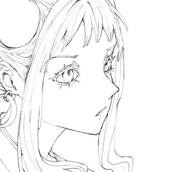 1girl close-up commentary_request earrings eyelashes greyscale horns jewelry looking_ahead monochrome one_piece parted_lips ponytail simple_background solo u_mi031 yamato_(one_piece)