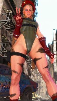 1girl 3d antenna_hair ass ass_focus bare_shoulders blonde_hair blue_eyes braid breasts cammy_white city gloves green_leotard hat highleg highleg_leotard highres leotard lips long_hair medium_breasts red_hat ryona screencap shiny_clothes smile solo standing street_fighter street_fighter_6 thighs third-party_edit thong_leotard twin_braids v very_long_hair wide_hips