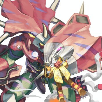 Rule 34 | absurdres, armor, colored skin, digimon, digimon (creature), dragon, dual wielding, gauntlets, glowing, glowing eyes, green skin, helmet, highres, holding, holding shield, horns, level-00, orange skin, red armor, red hair, red helmet, shield, simple background, styracomon, wargreymon, white background, yellow armor, yellow eyes