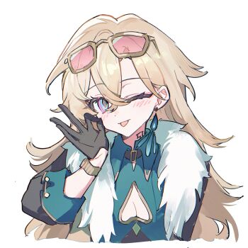1girl aqua_shirt aventurine_(honkai:_star_rail) black_gloves black_jacket blonde_hair blue_eyes breasts cleavage collared_shirt commentary cropped_torso crossed_bangs earrings eyewear_on_head fur_trim genderswap genderswap_(mtf) gloves hair_between_eyes highres honkai:_star_rail honkai_(series) jacket jewelry long_hair minamiyori multicolored_eyes neck_tattoo ok_sign one_eye_closed shirt solo spade_cutout symbol-only_commentary tattoo three-quarter_sleeves tongue tongue_out watch wristwatch