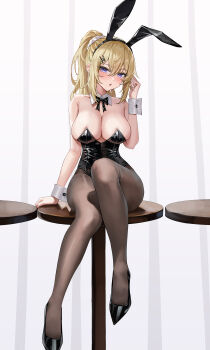 1girl absurdres animal_ear_hairband animal_ears arm_support bare_shoulders black_bow black_bowtie black_leotard black_pantyhose blonde_hair blue_eyes blush bow bowtie breasts cleavage collarbone commentary_request detached_collar fake_animal_ears hair_between_eyes hair_ornament hairband head_tilt high_heels highres hundun_no_bifang large_breasts legs leotard long_hair looking_at_viewer on_table open_mouth original pantyhose playboy_bunny ponytail rabbit_ear_hairband rabbit_ears sideboob sidelocks sitting solo strapless strapless_leotard table thighs very_long_hair white_background white_wrist_cuffs wrist_cuffs