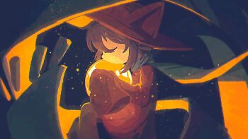 Rule 34 | 1other, 8osakana san8, ambiguous gender, animal ears, blue scarf, closed eyes, commentary, cowboy shot, double-parted bangs, fake animal ears, from side, highres, hugging object, light bulb, light particles, niko (oneshot), oneshot (game), other focus, oversized clothes, oversized sweater, painterly, purple hair, scarf, short hair, solo