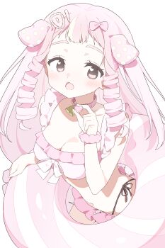 Rule 34 | 1girl, absurdres, animal ears, bell, bikini, blush, borrowed character, bow, breasts, cleavage, collar, commentary request, commission, cowboy shot, dog ears, dog girl, drill hair, frilled bikini, frills, hair bow, highres, innertube, large breasts, long hair, looking at viewer, navel, neck bell, open mouth, original, pink bikini, pink bow, pink collar, pink eyes, pink hair, pink scrunchie, scrunchie, simple background, skeb commission, solo, swim ring, swimsuit, twin drills, urotsuki (ku9625), white background, wrist scrunchie
