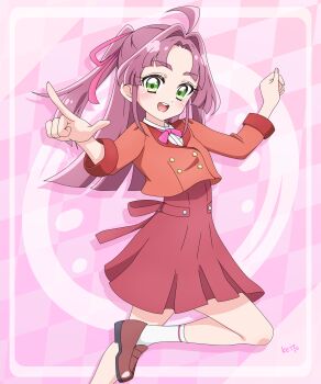 1girl :d absurdres ahoge artist_name blunt_bangs blunt_ends blush bow brown_shoes buttons checkered_background commentary curled_fingers dress fingernails foot_out_of_frame gold_buttons green_eyes hair_bow hair_intakes half_updo hands_up highres index_finger_raised jacket kobayashi_mikuru leg_up loafers long_hair looking_at_viewer meitantei_precure! open_mouth pink_background pink_bow pink_hair pleated_dress pointing pointing_at_viewer precure red_dress red_jacket sakuragawa3710 school_uniform shoes short_dress sidelocks smile socks solo split_mouth teeth thick_eyebrows upper_teeth_only white_socks