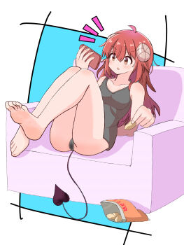 1girl arm_at_side bare_shoulders barefoot black_panties black_shirt blue_background blush cellphone collarbone curled_horns demon_girl demon_horns demon_tail dot_nose female_focus full_body hand_up horns knees_up leaning_back legs_together long_hair looking_at_object machikado_mazoku microdon open_mouth orange_eyes panties phone red_hair shirt simple_background sitting sleeveless sleeveless_shirt smartphone solo surprised tail toes two-tone_background underwear white_background yoshida_yuuko