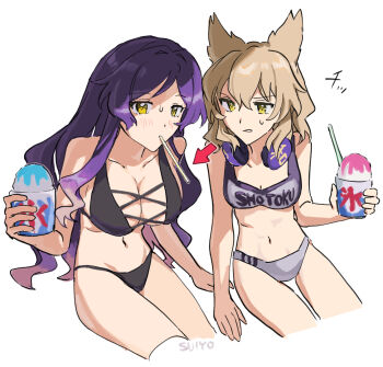 2girls artist_name blonde_hair blush breasts cleavage commentary_request food hair_ears headphones headphones_around_neck hijiri_byakuren holding large_breasts looking_at_another looking_at_viewer multiple_girls purple_hair shaved_ice small_breasts sweat touhou toyosatomimi_no_miko uehara_suiyo white_background