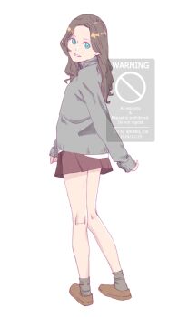 Rule 34 | 1girl, adversarial noise, blue eyes, brown hair, full body, grey socks, grin, highres, kbrg, long hair, looking at viewer, original, simple background, skirt, sleeves past wrists, smile, socks, solo, watermark, white background