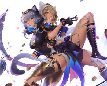 2girls aina_(mayexplode) animal_ear_fluff animal_ears animal_hood back-to-back belt black_boots black_gloves black_leotard blue_eyes boots breasts brown_hair cat_ears cat_girl cat_hood cat_tail cipher_(honkai:_star_rail) coin commentary company_connection crossover english_commentary fingerless_gloves gloves gold_boots gold_coin green_eyes grey_hair heterochromia high_heel_boots high_heels highres holding holding_coin honkai:_star_rail honkai_(series) honkai_impact_3rd hood in-franchise_crossover large_breasts leotard multiple_girls pardofelis pardofelis_(reverist_calico) short_hair_with_long_locks simple_background tail thigh_belt thigh_strap thighs trait_connection white_background