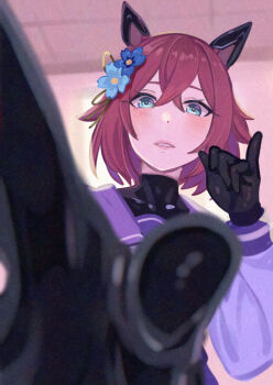 Rule 34 | 1girl, absurdres, animal ears, blue eyes, blush, bodysuit, bodysuit under clothes, collarbone, commentary request, doushi tatsu to dekkai no, highres, horse ears, latex, latex bodysuit, looking at viewer, medium hair, open mouth, purple serafuku, red hair, sailor collar, sakura chiyono o (umamusume), school uniform, serafuku, skin tight, solo, standing, teeth, umamusume