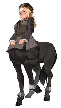 1girl beret black_choker black_hat black_ribbon black_shirt blonde_hair blush breasts centaur choker closed_mouth commentary_request dark-skinned_female dark_elf dark_skin dress elf frown full_body grey_dress hair_between_eyes hat highres hololive hooves horse_tail large_breasts long_hair long_sleeves looking_at_viewer monster_girl monsterification multicolored_hair multiple_legs neck_ribbon open_clothes open_shirt pointy_ears red_eyes ribbon shiranui_flare shirt sidelocks simple_background solo standing standing_on_three_legs streaked_hair tail taur underbust uzuradobin virtual_youtuber white_background white_hair