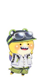 1boy absurdres black_eyes black_hat blush colorful_peach creature eyewear_on_headwear full_body green_shorts hat highres male_focus official_art open_mouth sharp_teeth shirt short_sleeves shorts simple_background siva_(colorful_peach) solo sunglasses teeth transparent_background white_shirt